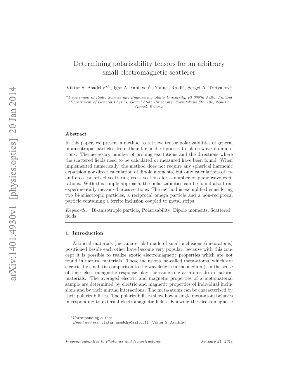 Arxiv:1401.4930V1 [Physics.Optics] 20 Jan 2014 .Introduction 1