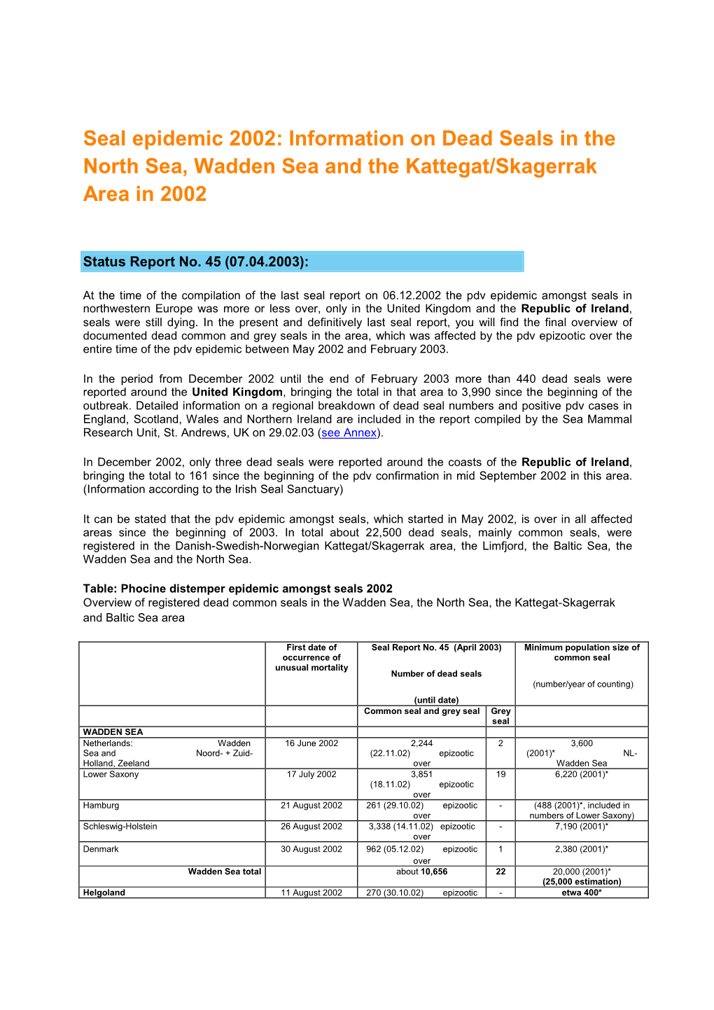 Seal Epidemic 2002: Information on Dead Seals in the North Sea, Wadden Sea and the Kattegat/Skagerrak Area in 2002