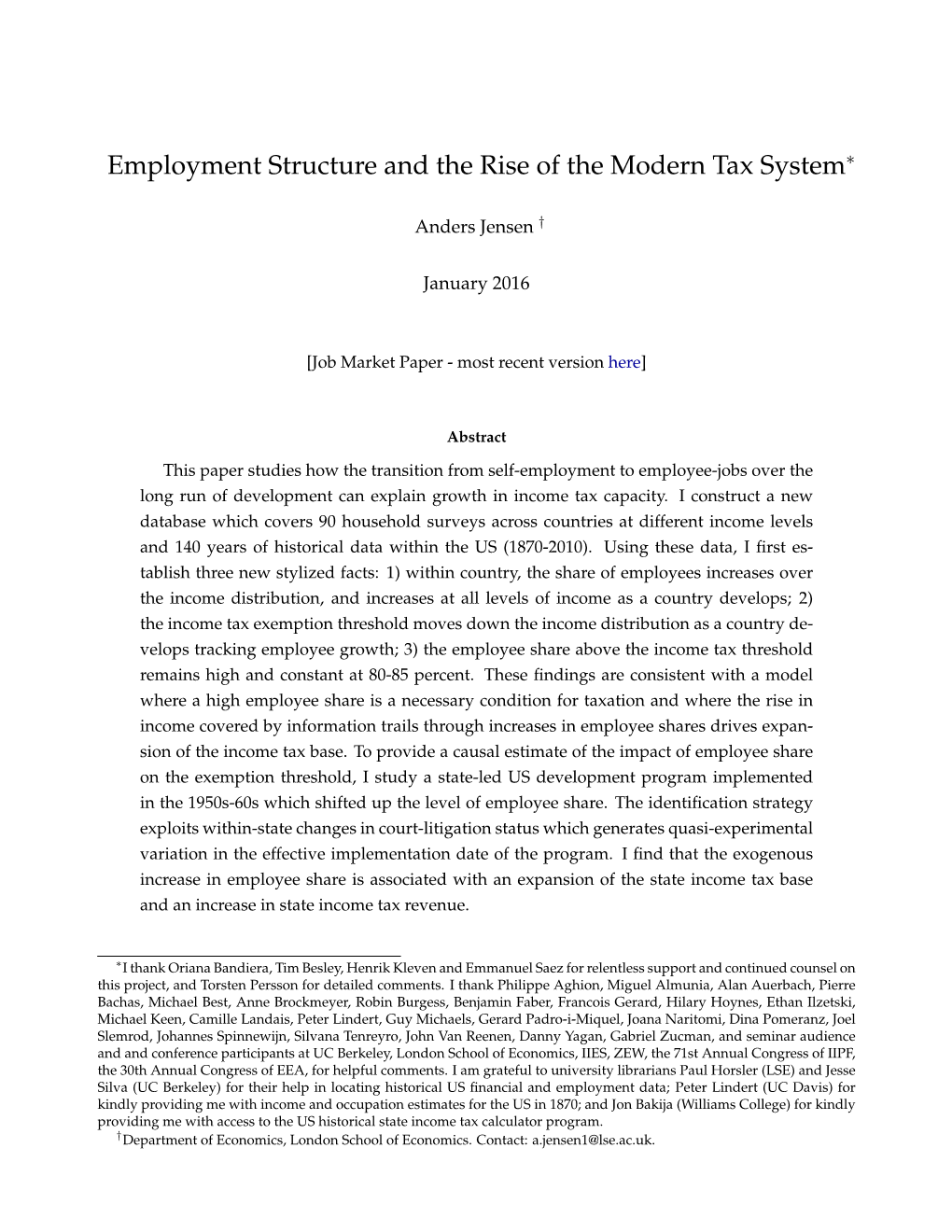 Employment Structure and the Rise of the Modern Tax System∗