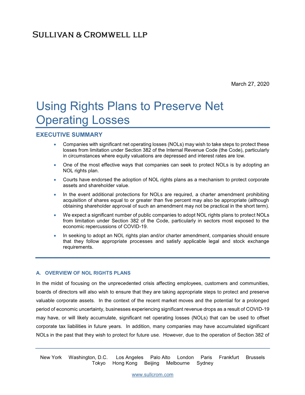 Using Rights Plans to Preserve Net Operating Losses