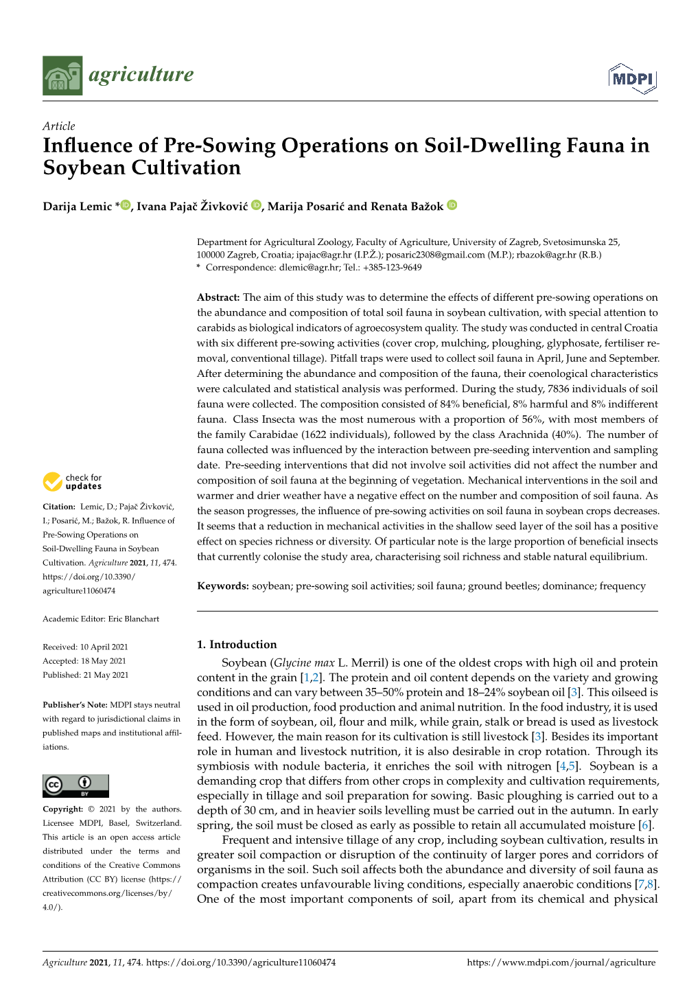 Influence of Pre-Sowing Operations on Soil-Dwelling Fauna in Soybean