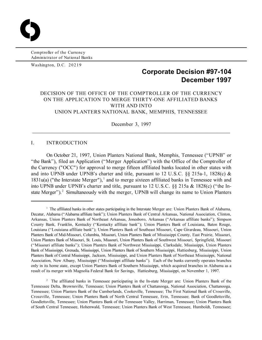 Corporate Decision #97-104 December 1997