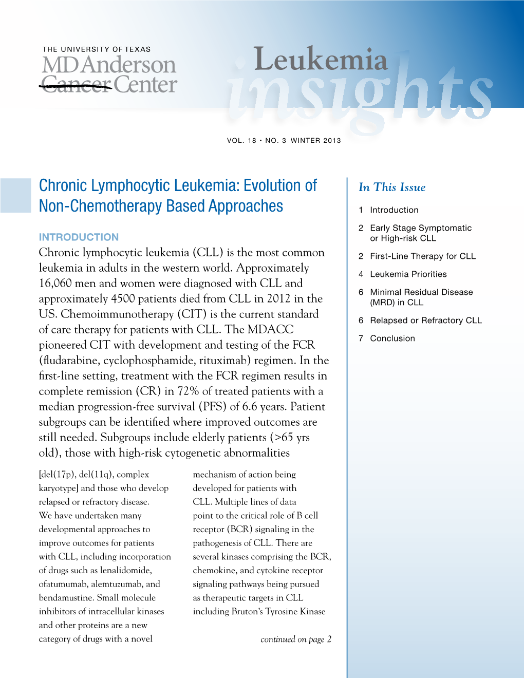 Chronic Lymphocytic Leukemia: Evolution of in This Issue