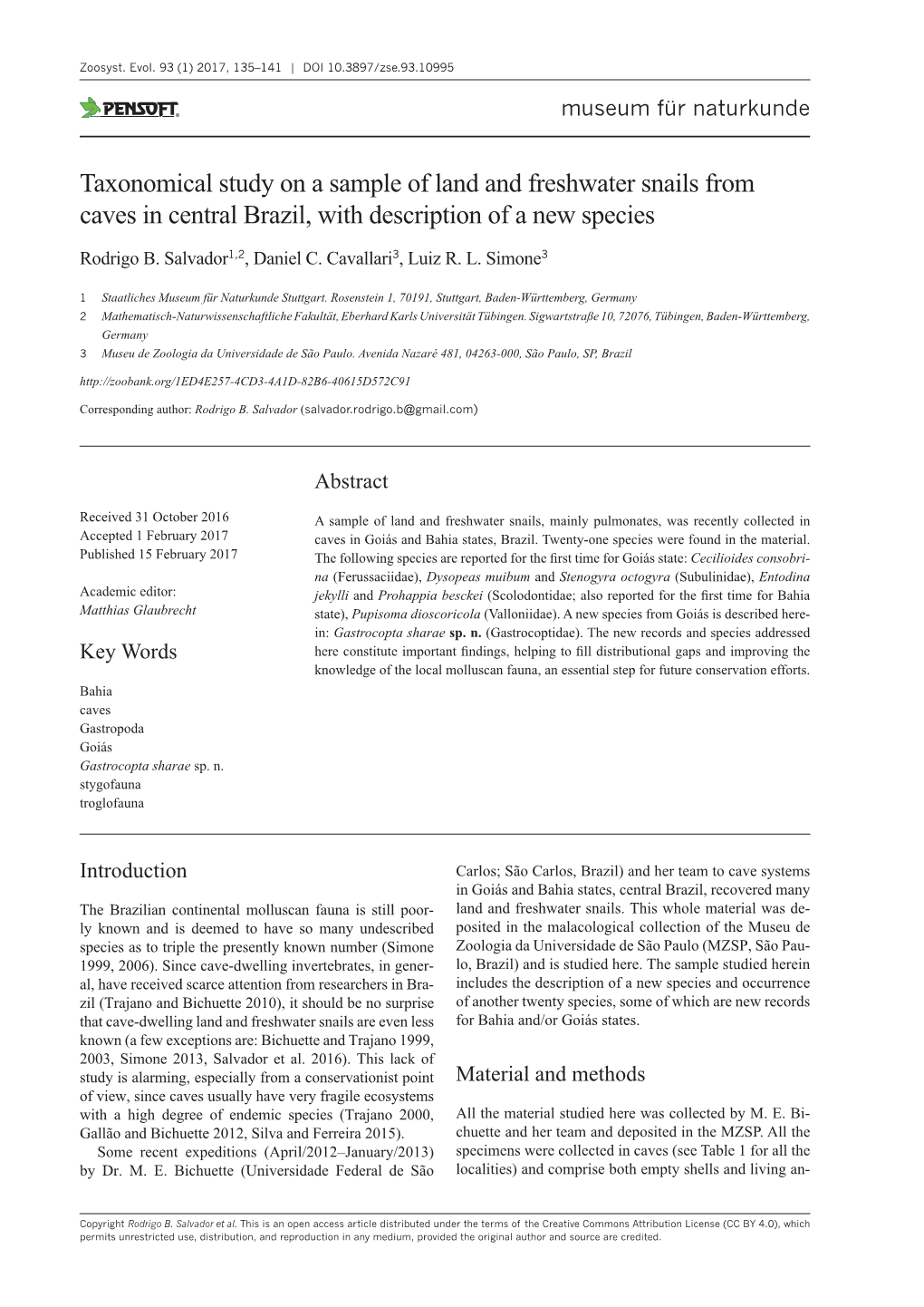 Taxonomical Study on a Sample of Land and Freshwater Snails from Caves in Central Brazil, with Description of a New Species