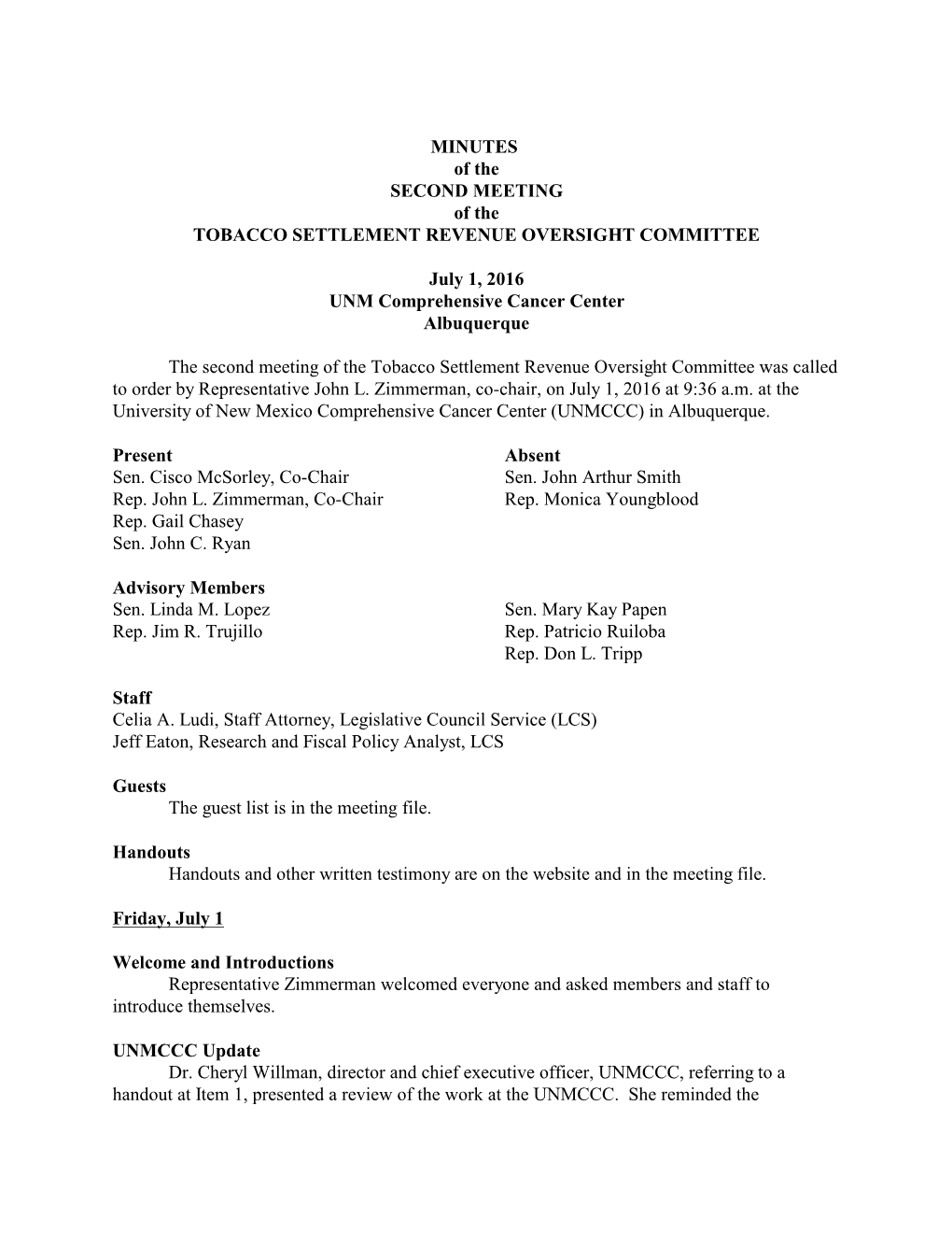 MINUTES of the SECOND MEETING of the TOBACCO SETTLEMENT REVENUE OVERSIGHT COMMITTEE