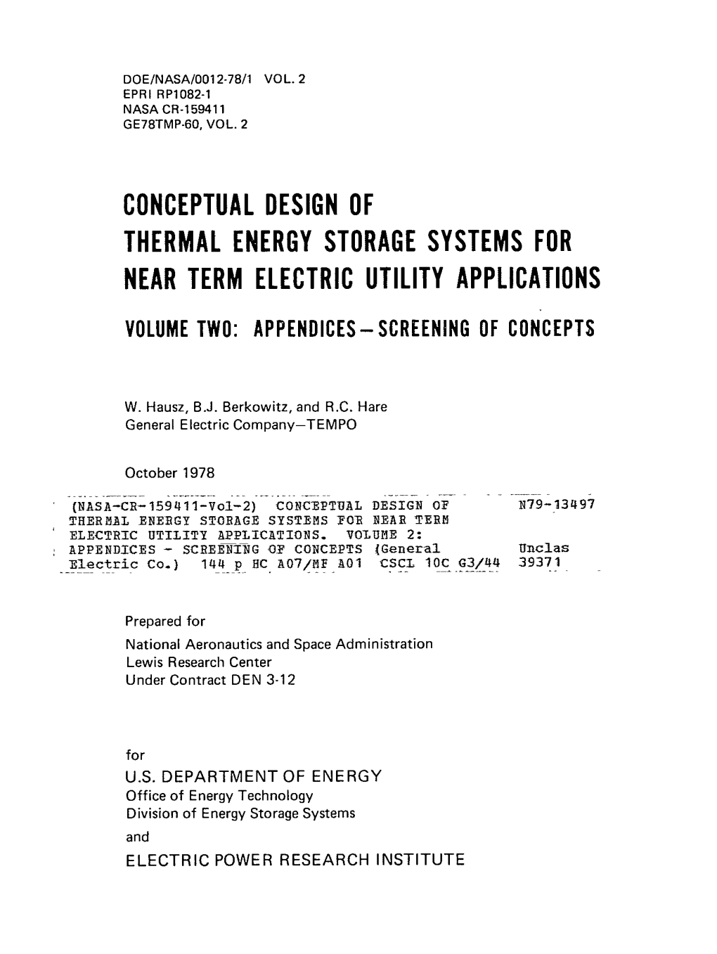 Conceptual Design of Thermal Energy Storage Systems for Near Term Electric Utility Applications Volume Two: Appendices-Screening of Concepts
