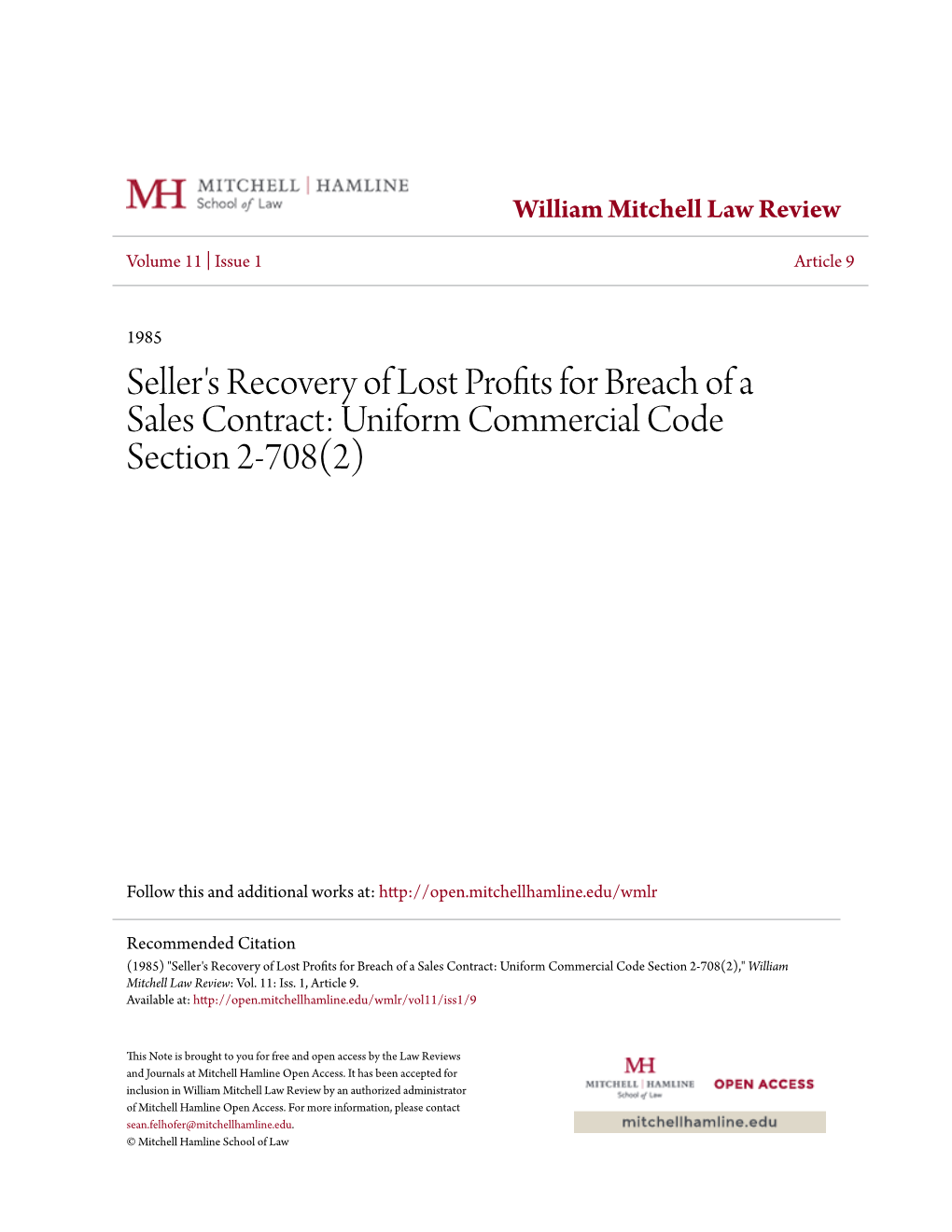 Seller's Recovery of Lost Profits for Breach of a Sales Contract: Uniform Commercial Code Section 2-708(2)