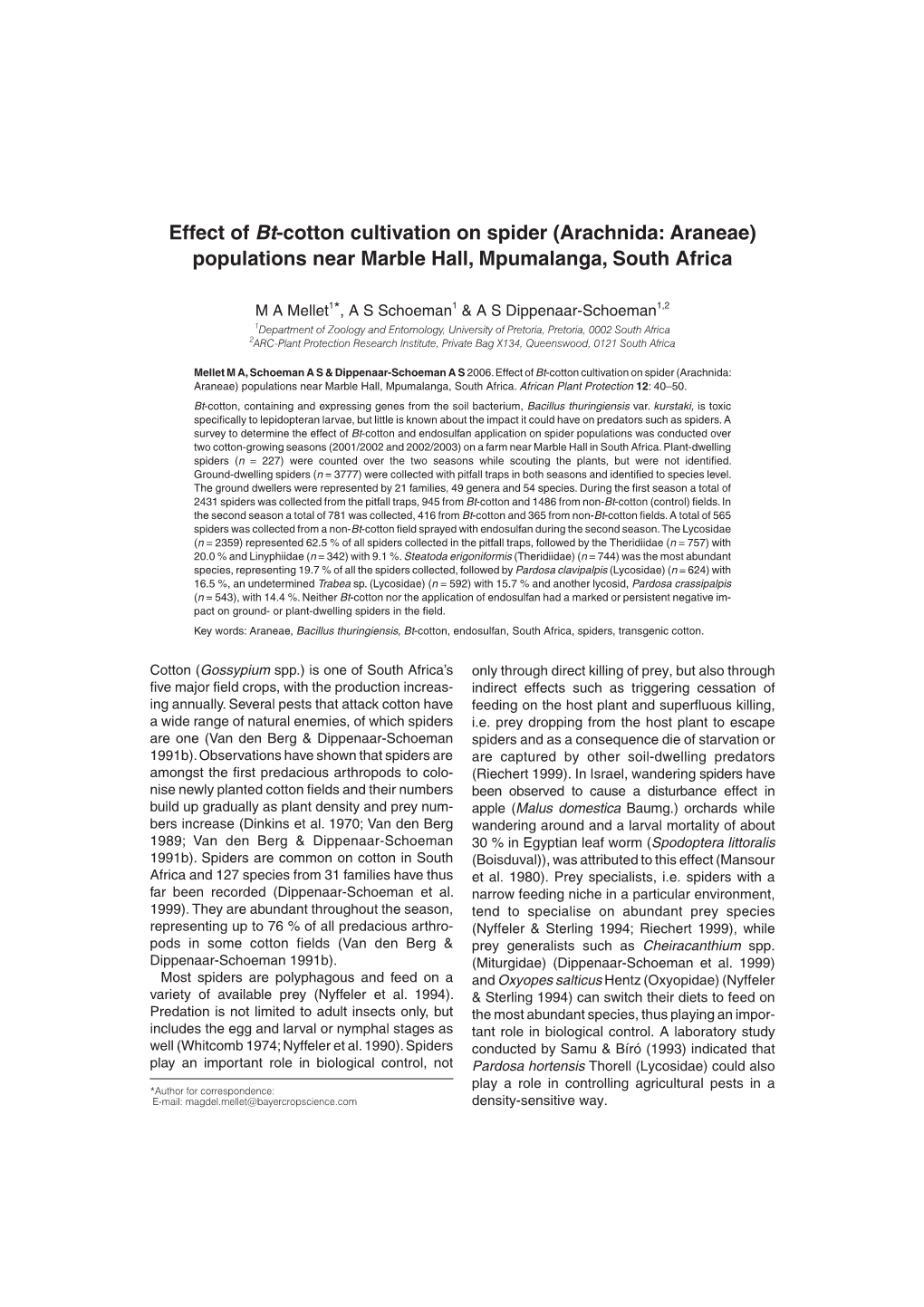 The Effect of Bt-Cotton Cultivation on Spider Populations.Pdf