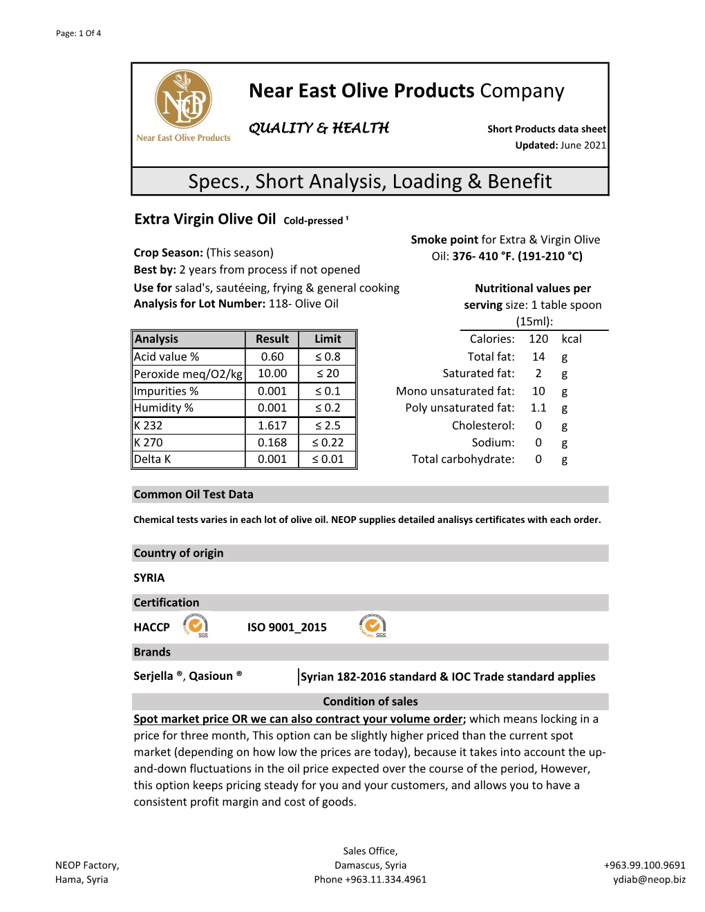 Near East Olive Products Company Specs., Short Analysis, Loading