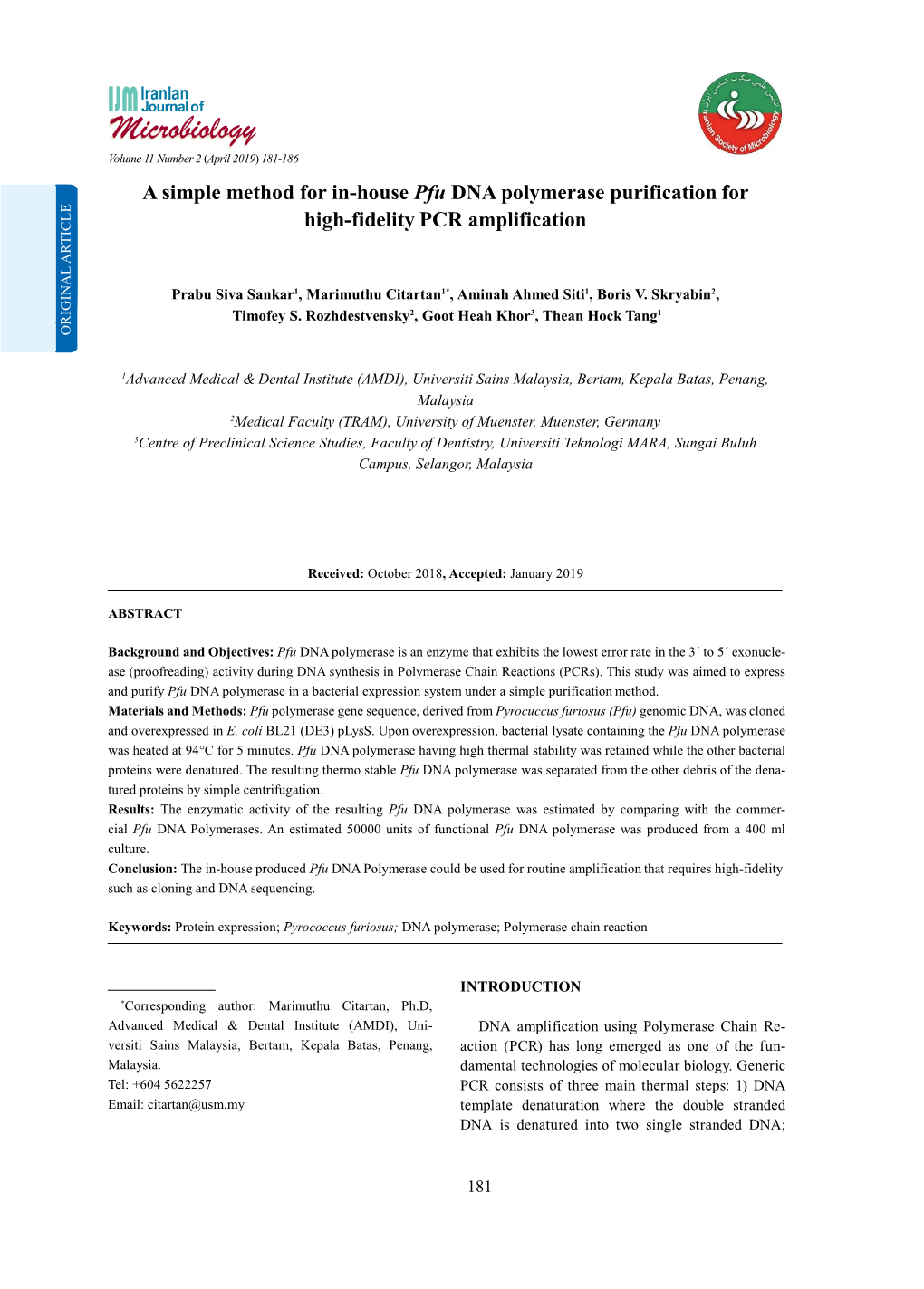 A Simple Method for In-House Pfu DNA Polymerase Purification for High