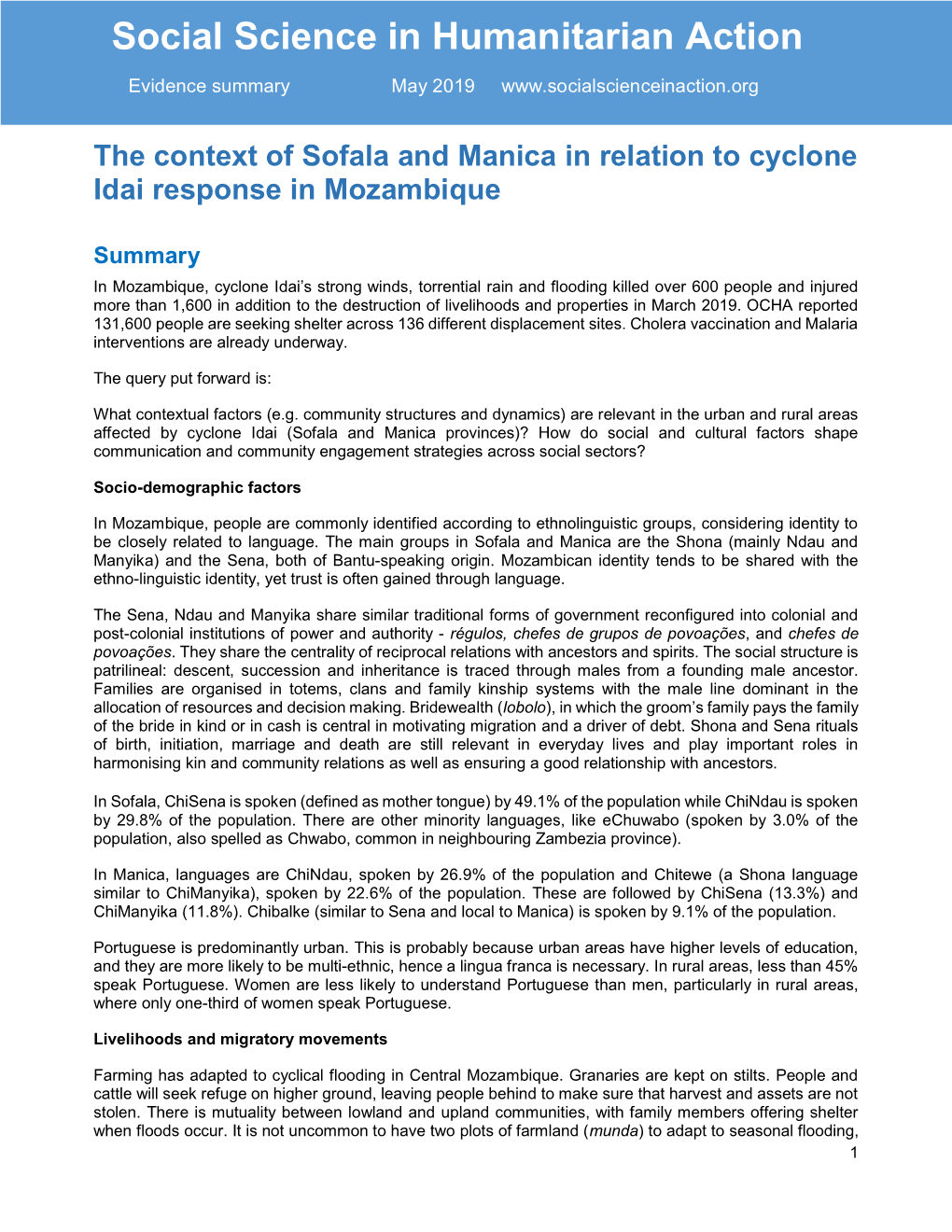 Social Science in Humanitarian Action O Evidence Summary May 2019