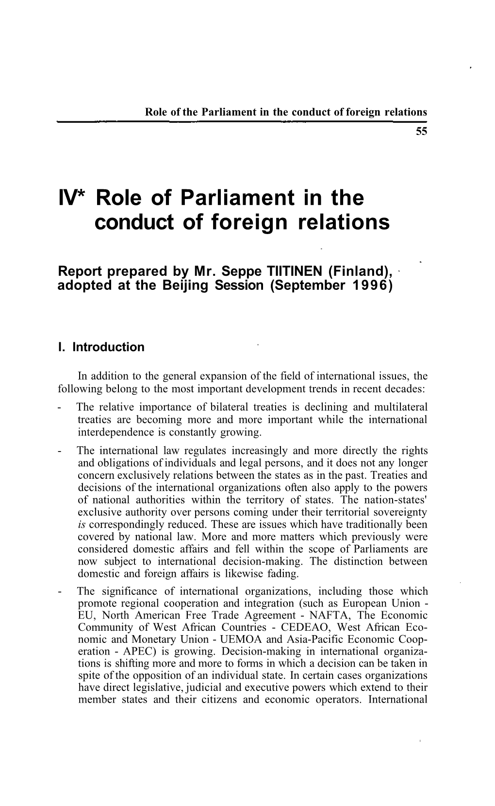 Role of Parliament in the Conduct of Foreign Relations