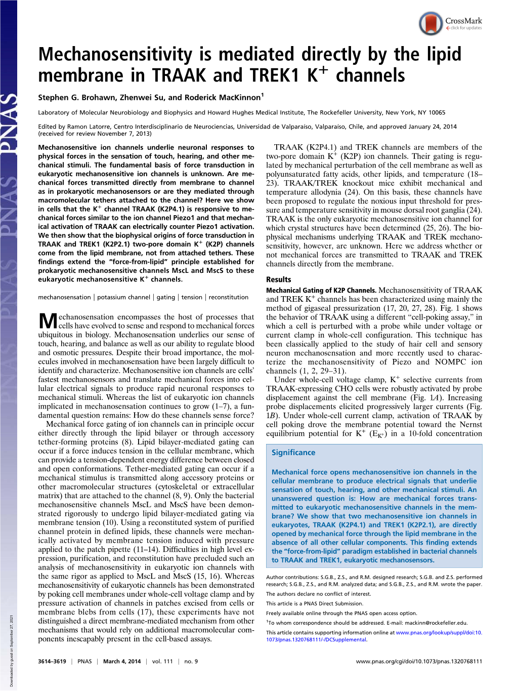 Mechanosensitivity Is Mediated Directly by the Lipid Membrane in TRAAK and TREK1 K+ Channels