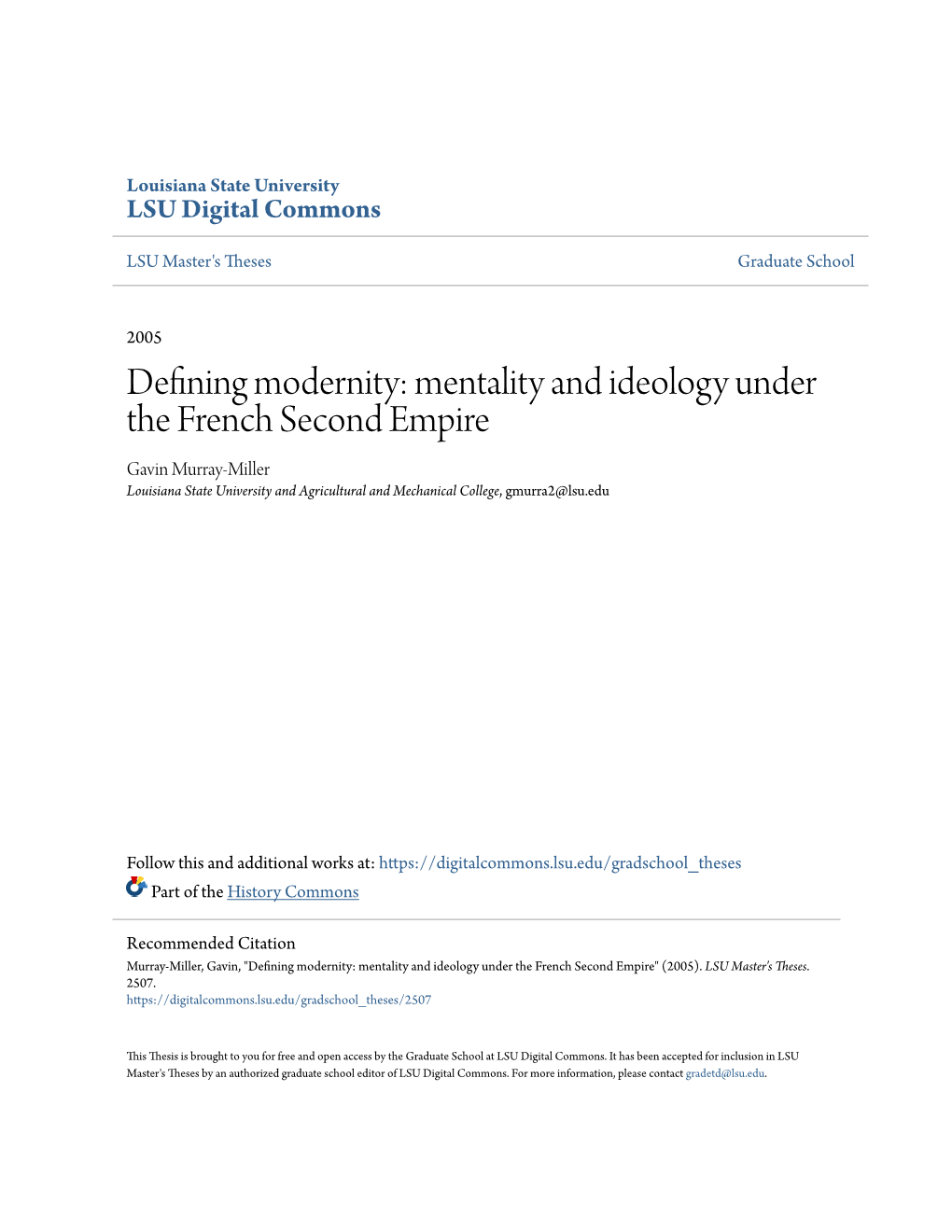 Defining Modernity: Mentality and Ideology Under the French Second