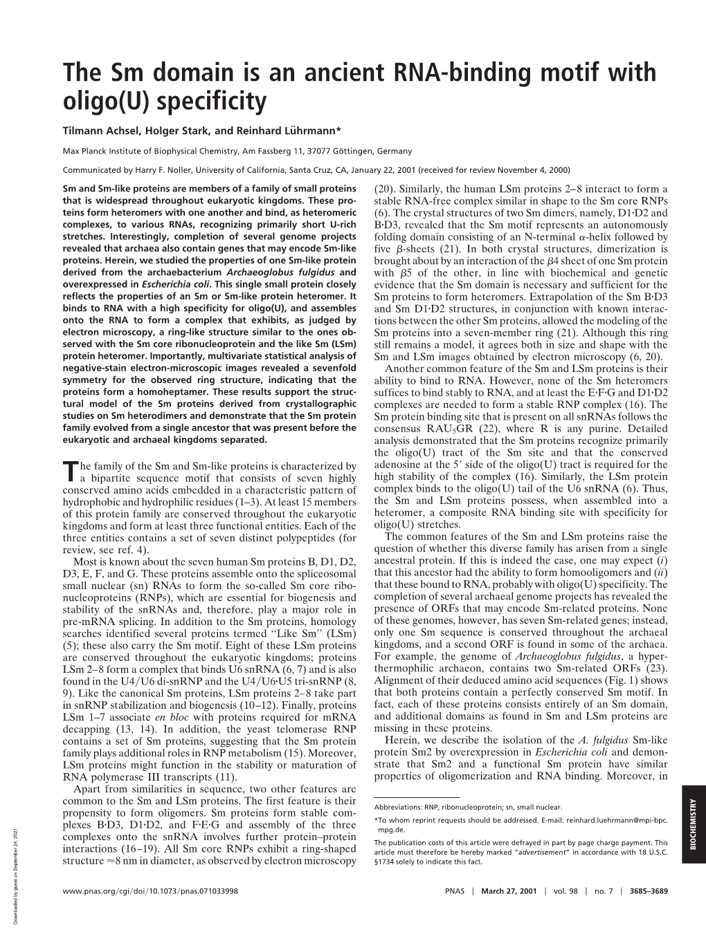 The Sm Domain Is an Ancient RNA-Binding Motif with Oligo(U) Specificity