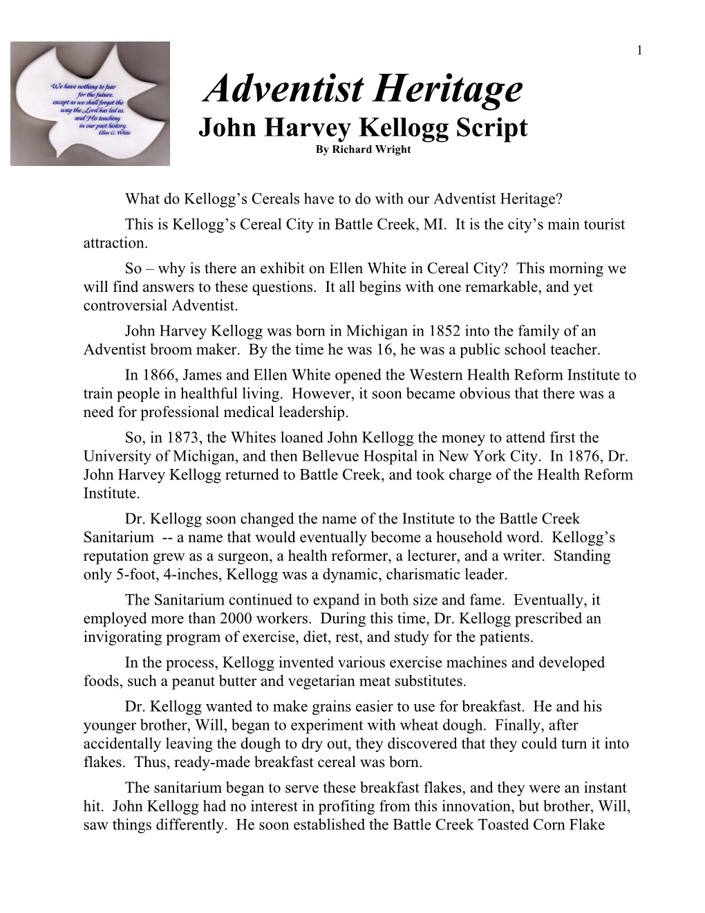 Adventist Heritage John Harvey Kellogg Script by Richard Wright