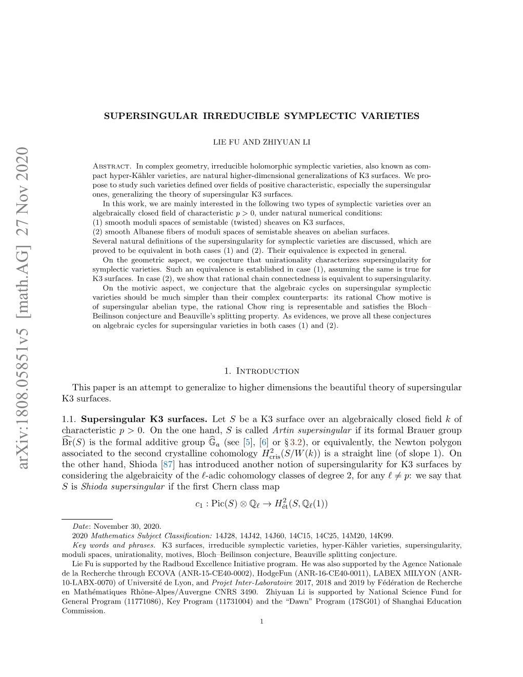 Arxiv:1808.05851V5 [Math.AG] 27 Nov 2020 S Characteristic 1.1