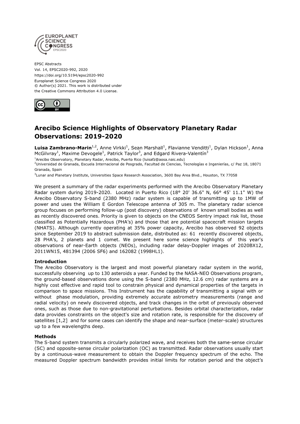 Arecibo Science Highlights of Observatory Planetary Radar Observations: 2019-2020