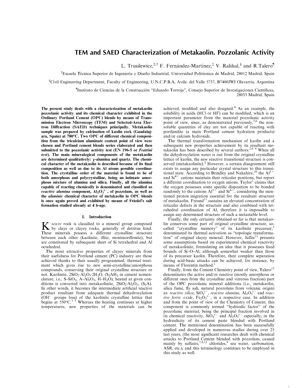 TEM and SAED Characterization of Metakaolin. Pozzolanic Activity