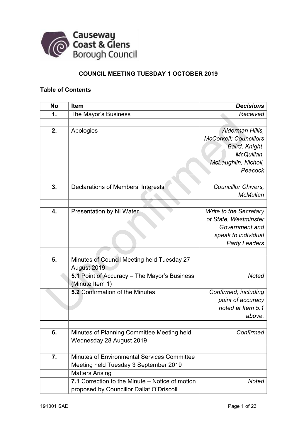 COUNCIL MEETING TUESDAY 1 OCTOBER 2019 Table of Contents No Item Decisions 1. the Mayor's Business Received 2. Apologies Alde