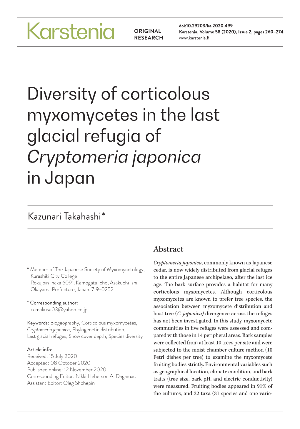 Diversity of Corticolous Myxomycetes in the Last Glacial Refugia of Cryptomeria Japonica in Japan