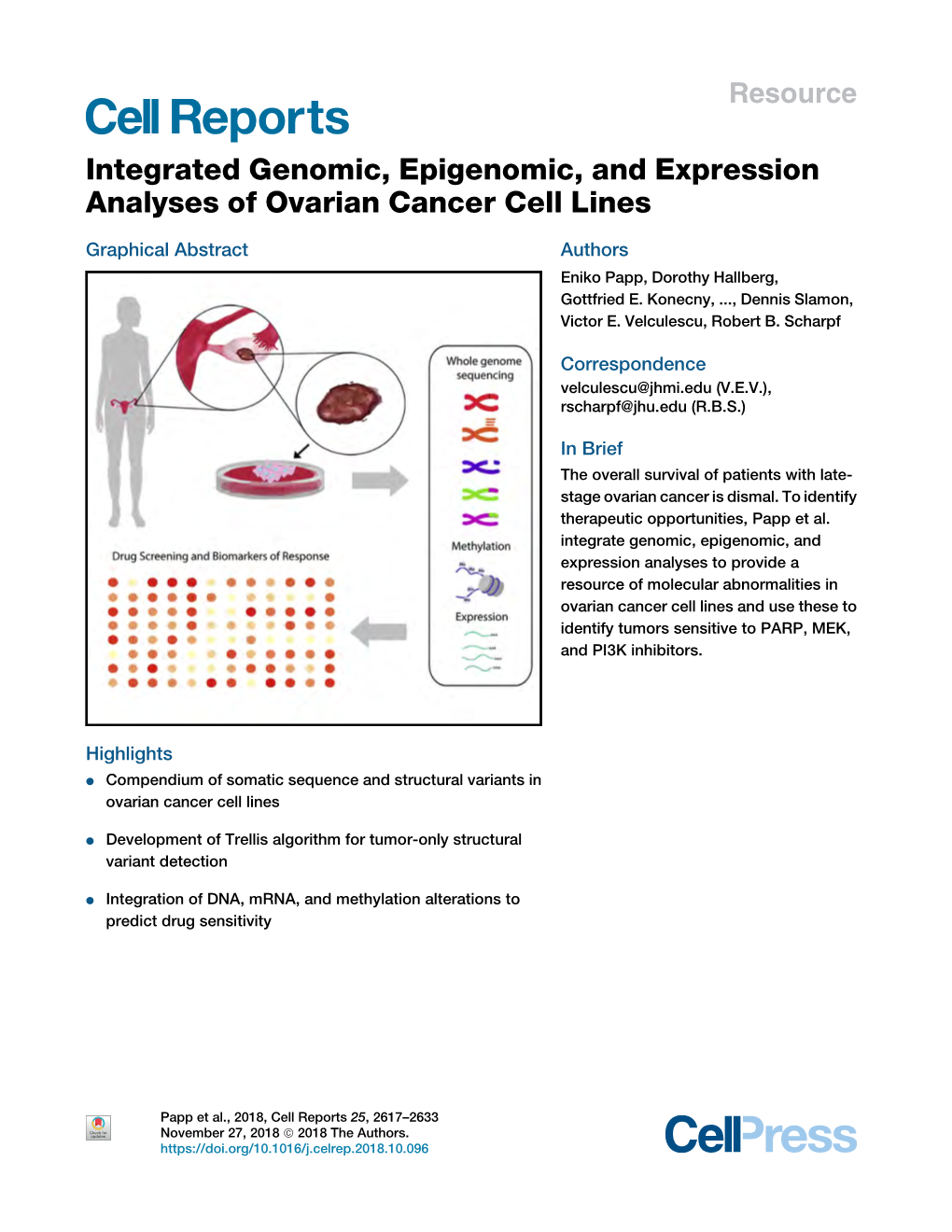 Integrated Genomic, Epigenomic, and Expression Analyses of Ovarian Cancer Cell Lines