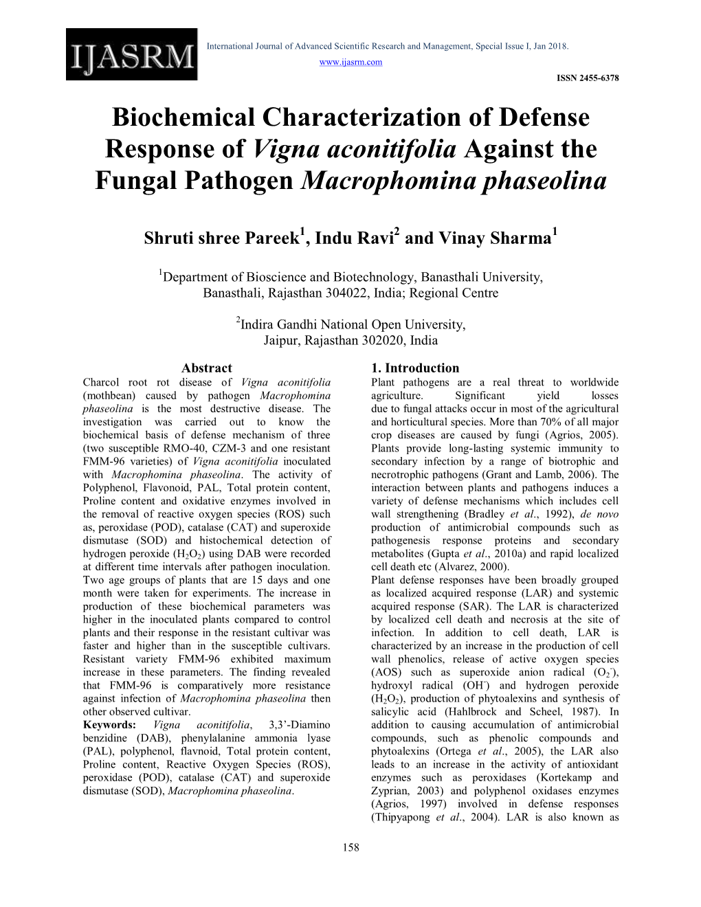 Biochemical Characterization of Defense Response of Vigna Aconitifolia Against the Fungal Pathogen Macrophomina Phaseolina