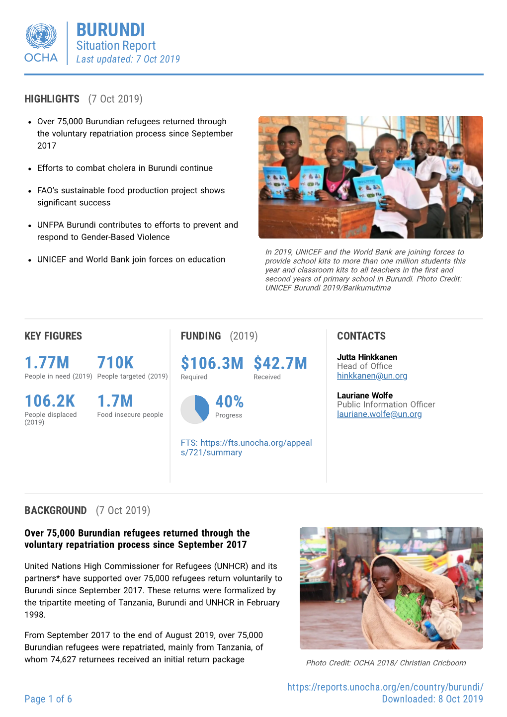 BURUNDI Situation Report Last Updated: 7 Oct 2019