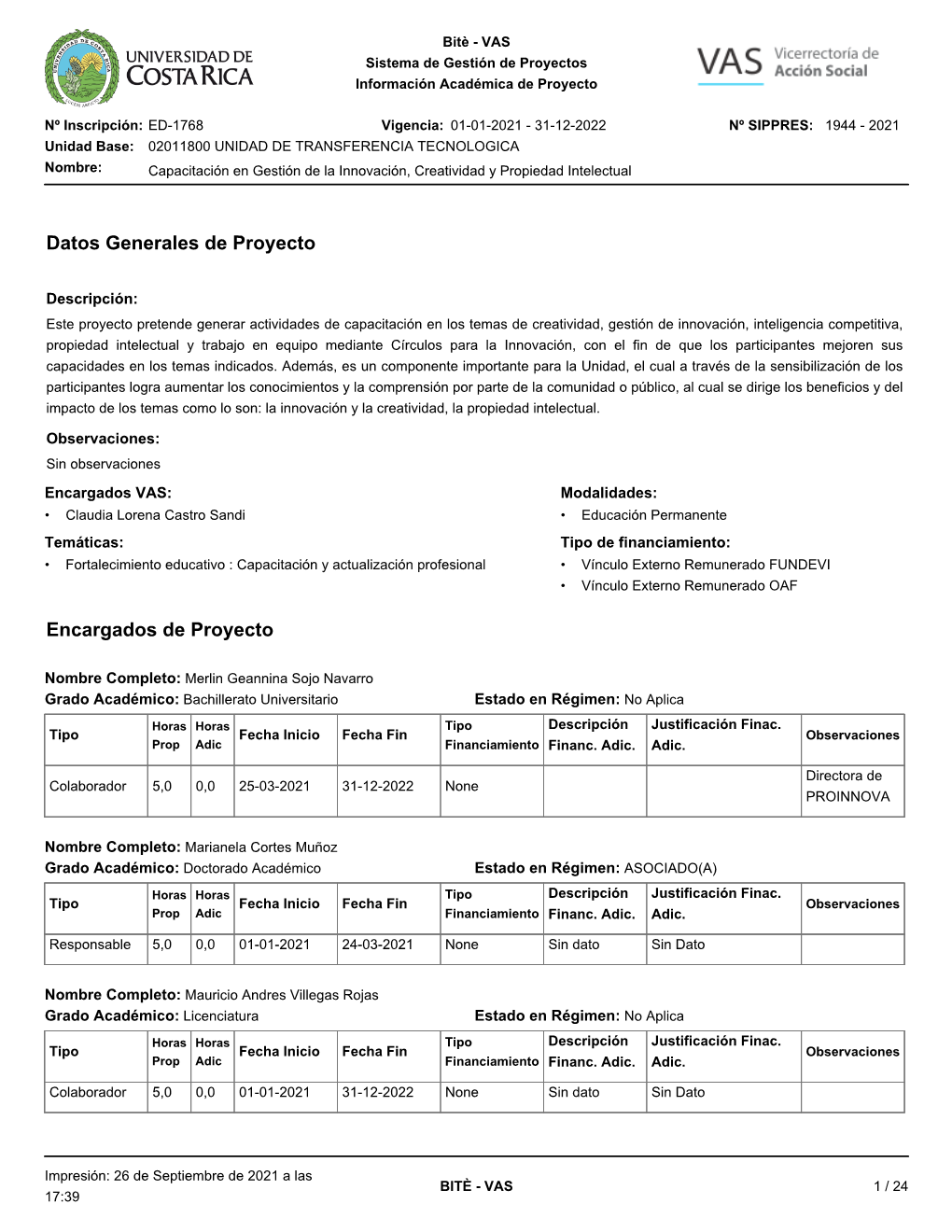 Datos Generales De Proyecto Encargados De Proyecto