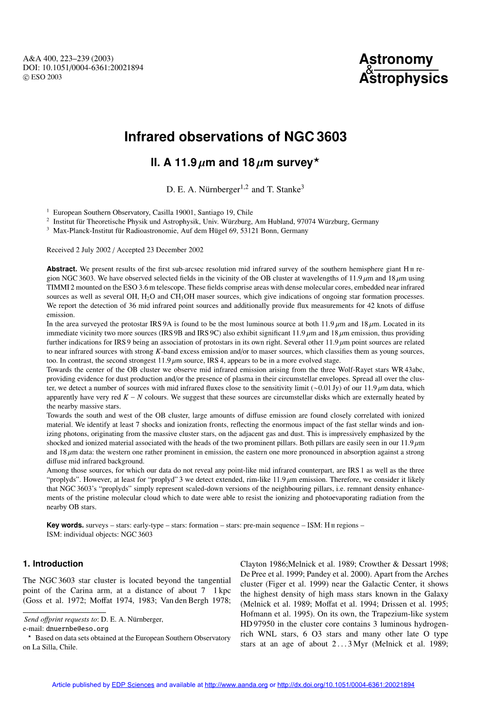 Infrared Observations of NGC 3603