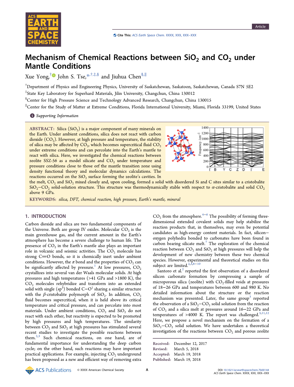 Mechanism of Chemical Reactions Between Sio2 and CO2 Under Mantle Conditions † † ‡ § § ∥ Xue Yong, John S