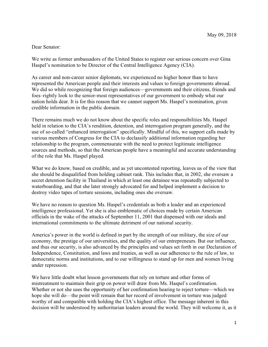 May 09, 2018 Dear Senator: We Write As Former Ambassadors of The