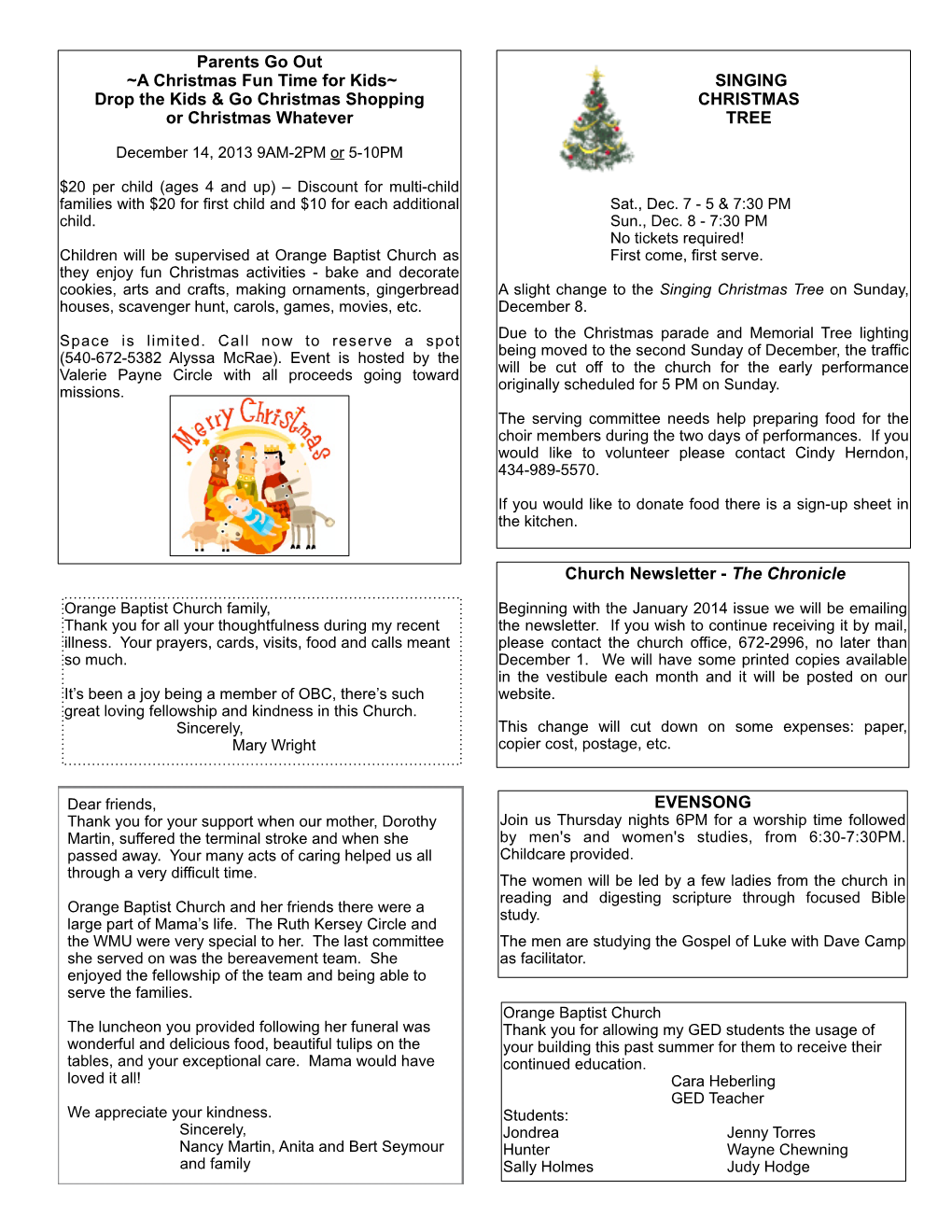 SINGING CHRISTMAS TREE Church Newsletter