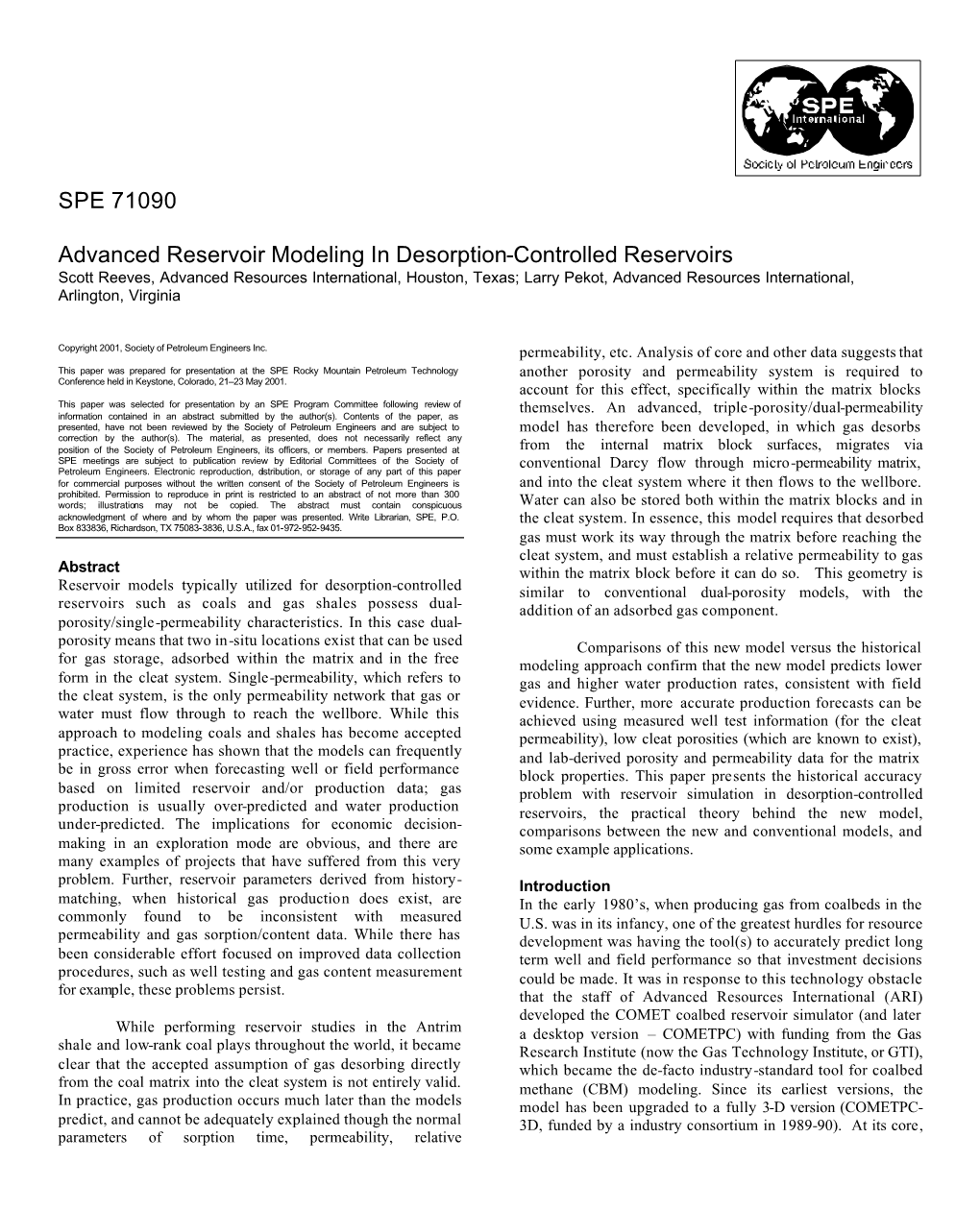 SPE 71090 Advanced Reservoir Modeling in Desorption-Controlled