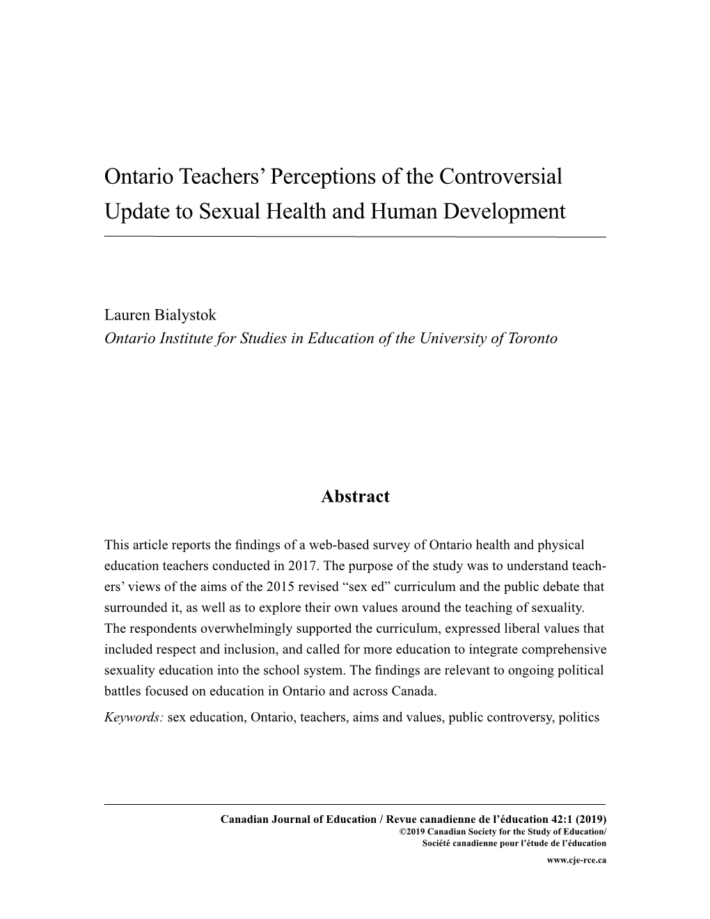 Ontario Teachers' Perceptions of the Controversial Update to Sexual