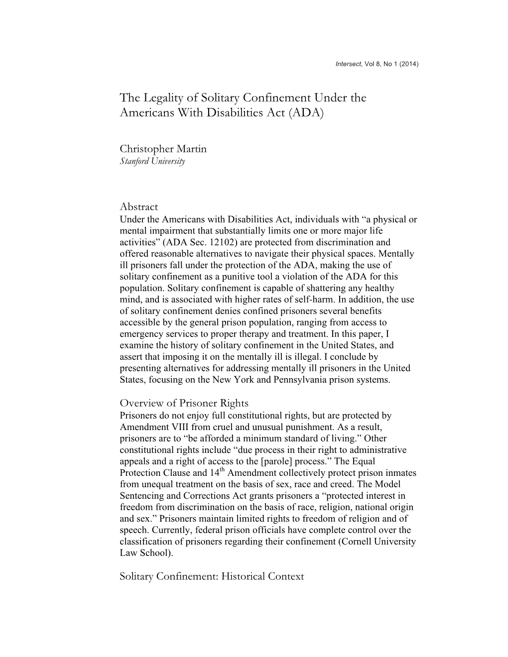 The Legality of Solitary Confinement Under the Americans with Disabilities Act (ADA)