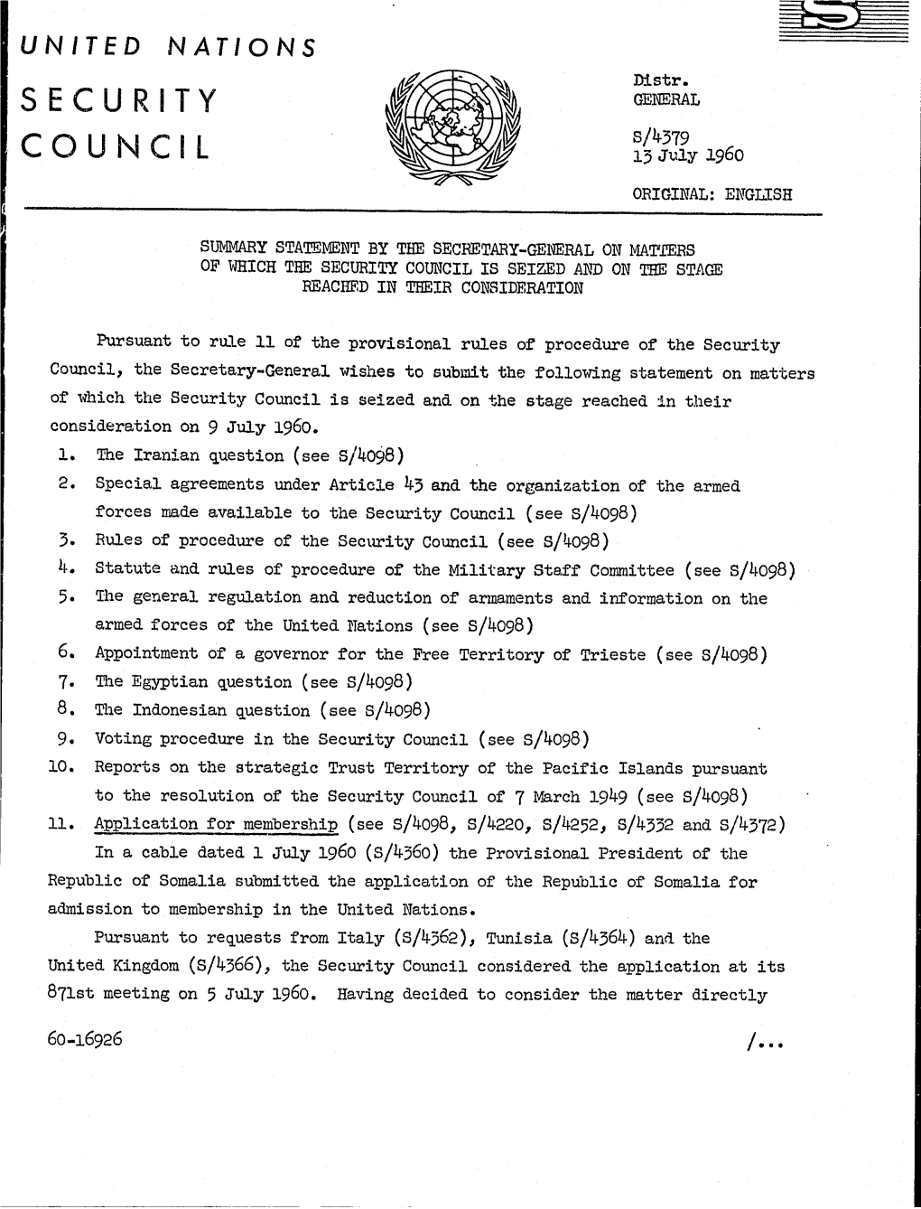 Council 13 July 1960 ORIGINAL: ENGLISH