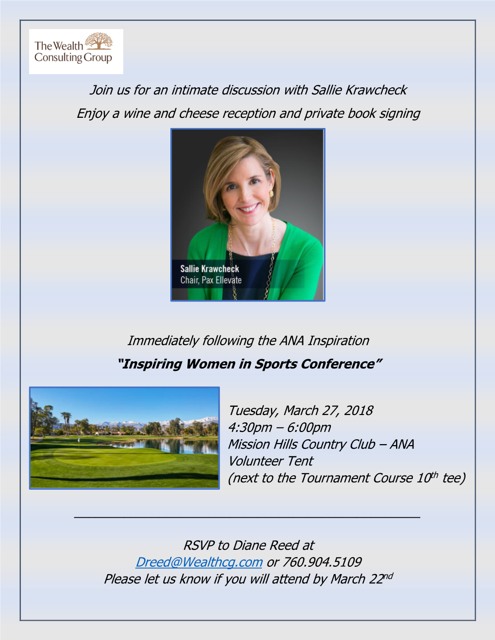 Join Us for an Intimate Discussion with Sallie Krawcheck Enjoy a Wine and Cheese Reception and Private Book Signing