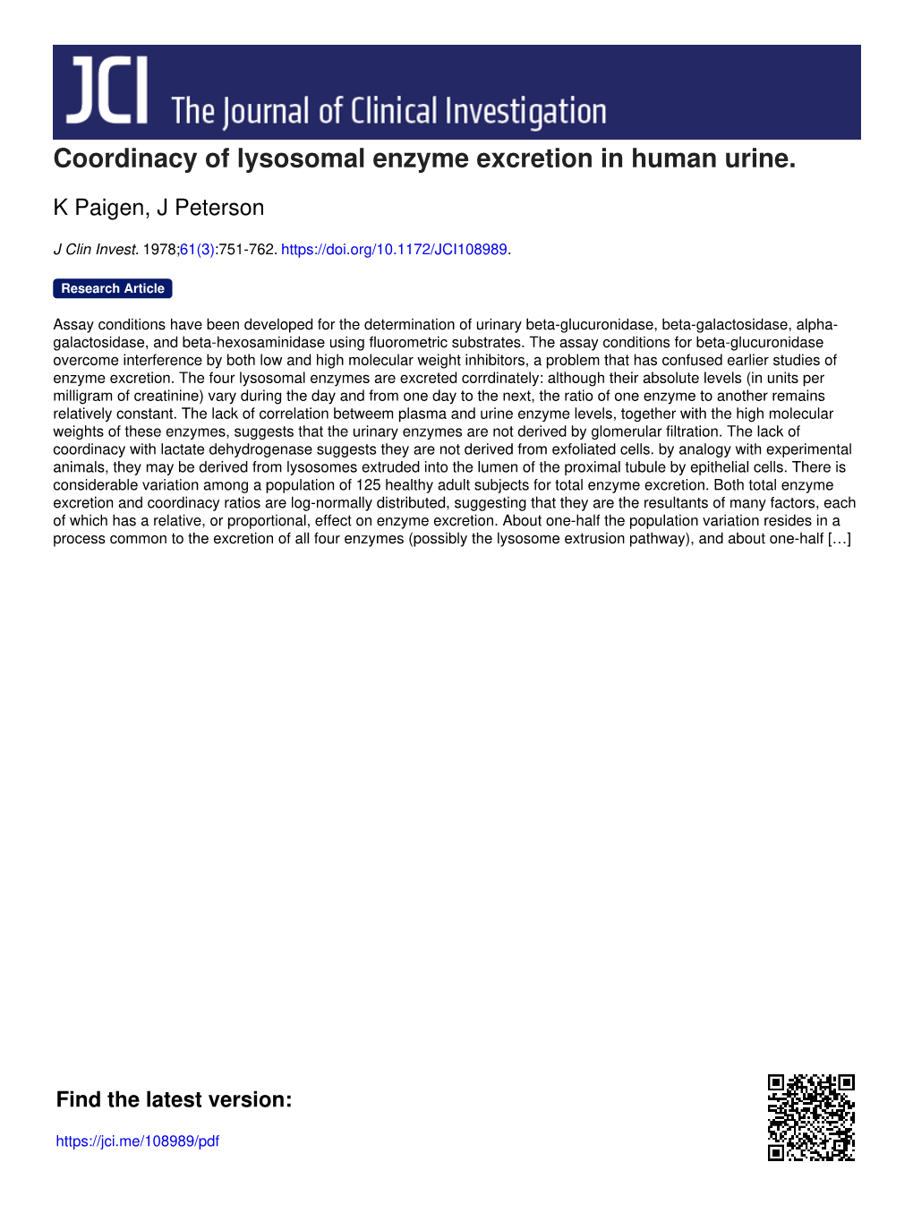 Coordinacy of Lysosomal Enzyme Excretion in Human Urine