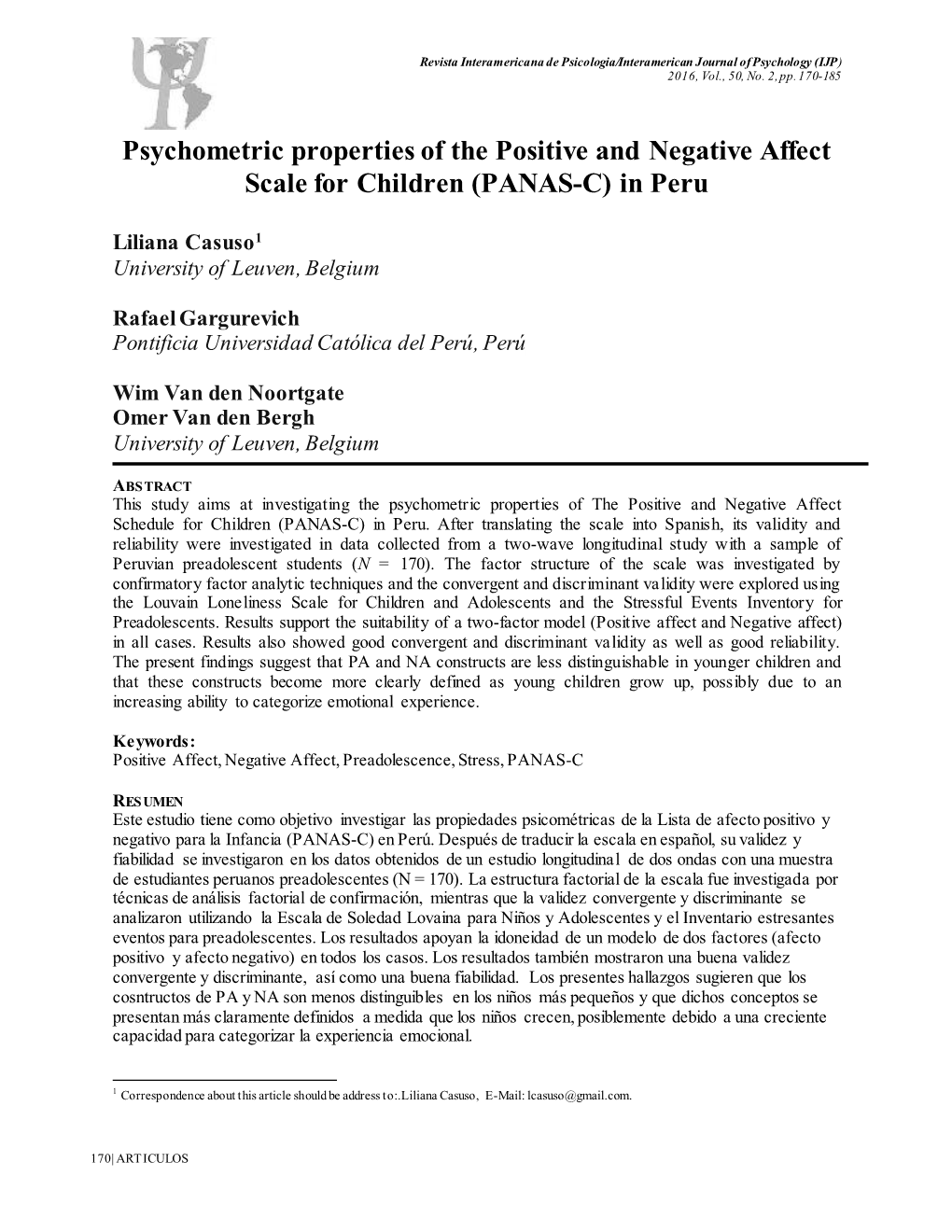 Psychometric Properties of the Positive and Negative Affect Scale for Children (PANAS-C) in Peru