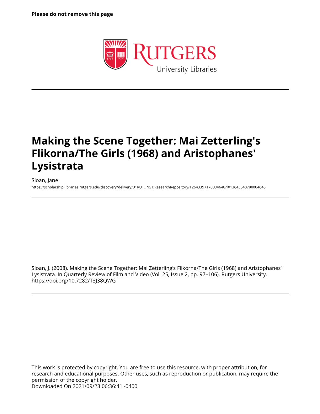 Making the Scene Together: Mai Zetterling's Flikorna/The Girls (1968) and Aristophanes' Lysistrata