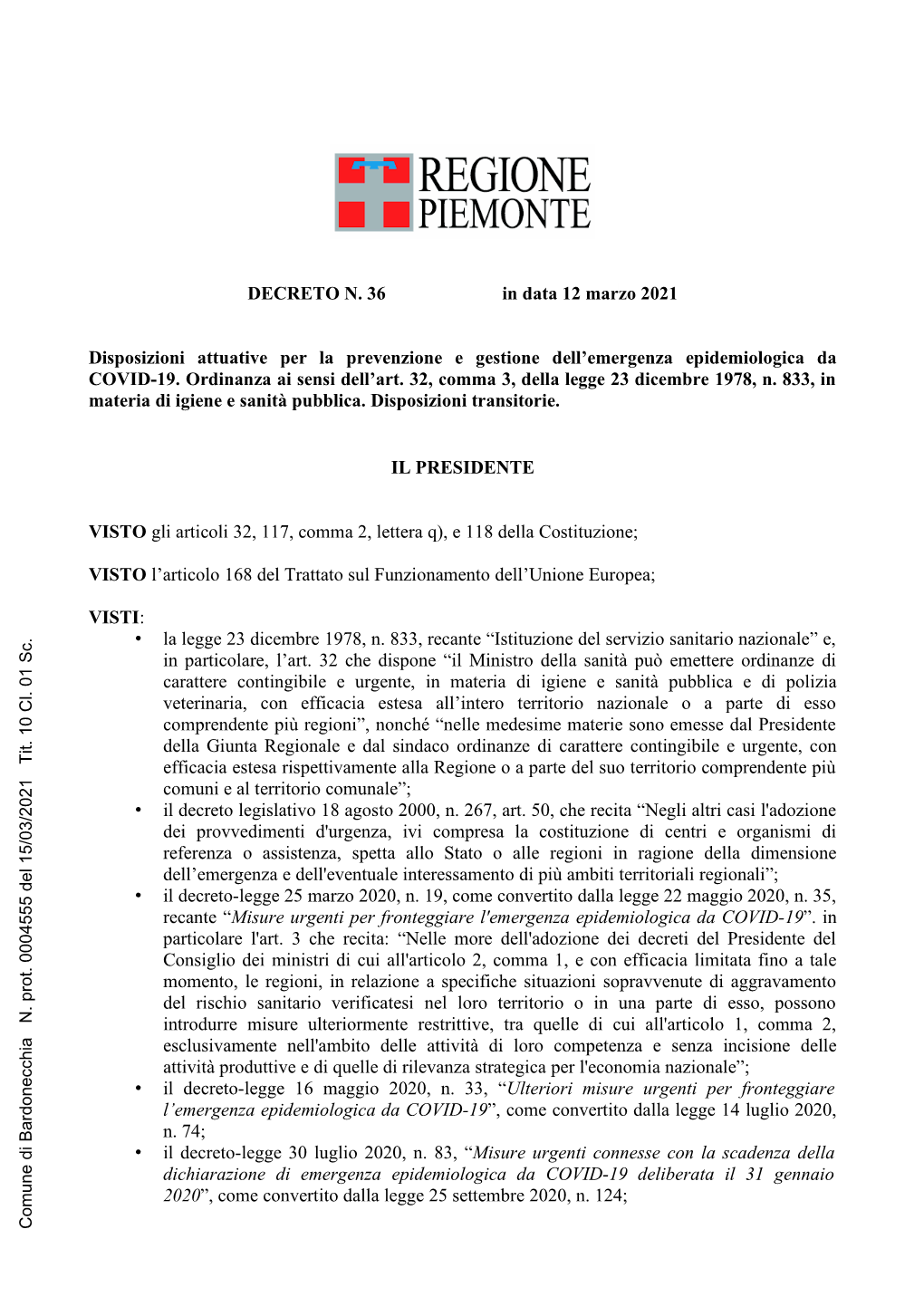 DECRETO N. 36 in Data 12 Marzo 2021 Disposizioni Attuative Per La Prevenzione E Gestione Dell'emergenza Epidemiologica Da