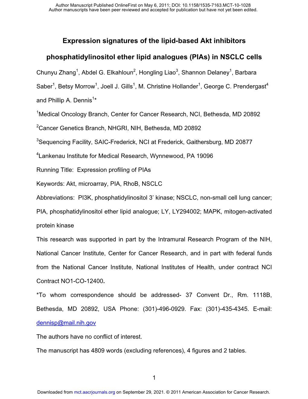 Expression Signatures of the Lipid-Based Akt Inhibitors Phosphatidylinositol Ether Lipid Analogues in NSCLC Cells