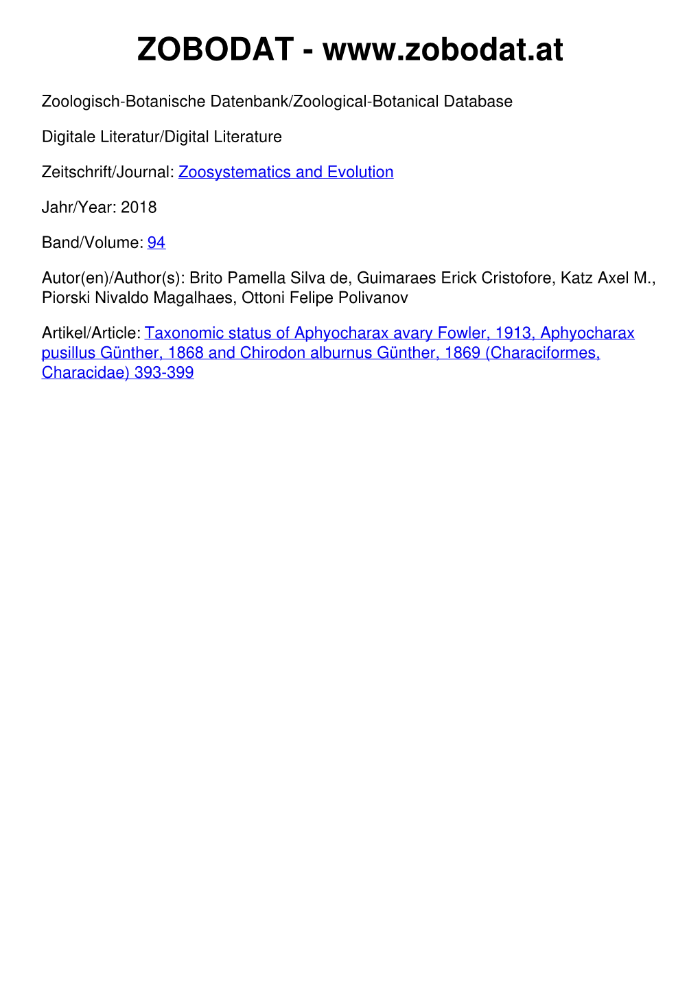 Taxonomic Status of Aphyocharax Avary Fowler, 1913, Aphyocharax