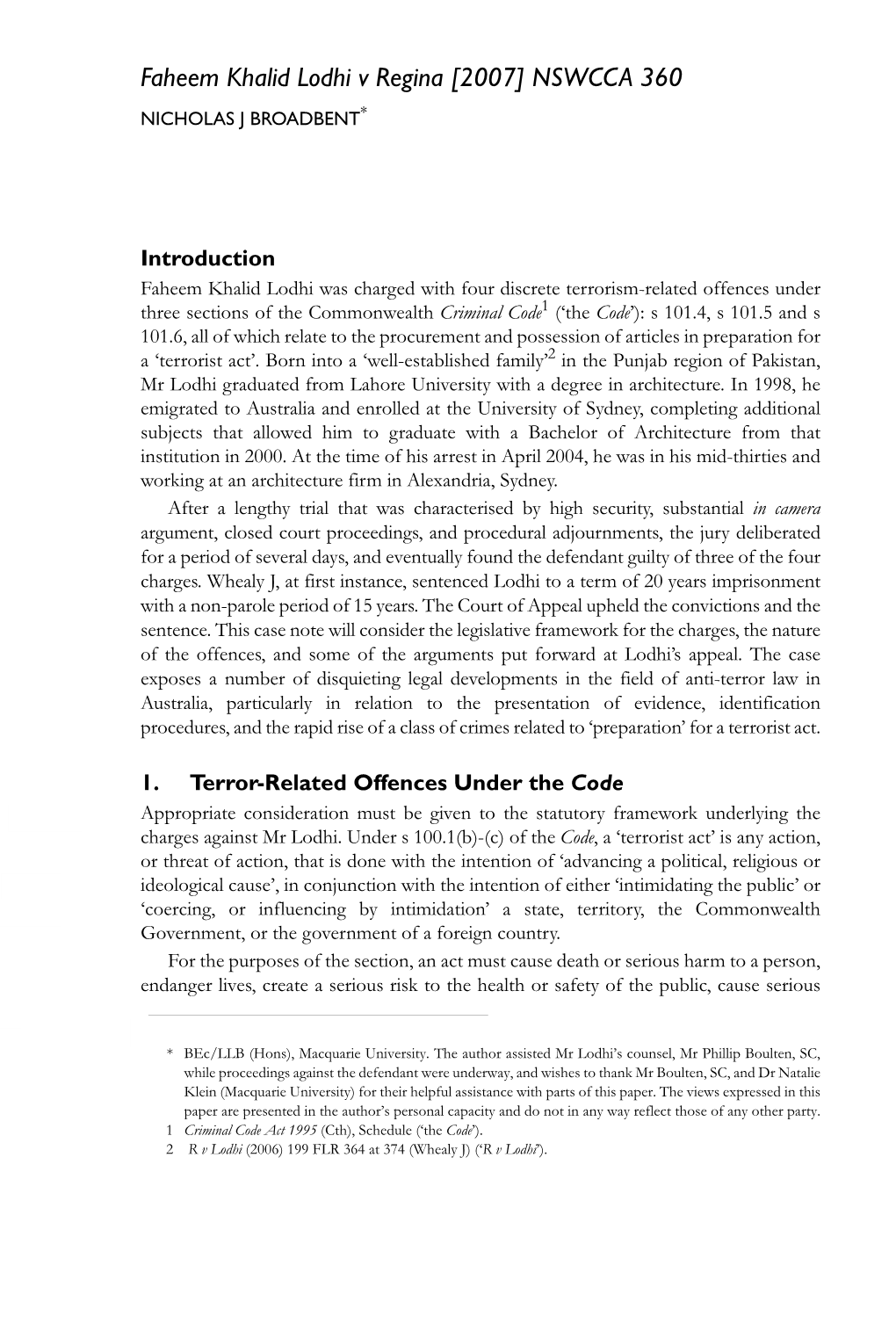 Faheem Khalid Lodhi V Regina [2007] NSWCCA 360 NICHOLAS J BROADBENT*