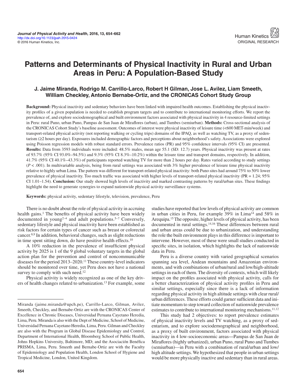 Patterns and Determinants of Physical Inactivity in Rural and Urban Areas in Peru: a Population-Based Study