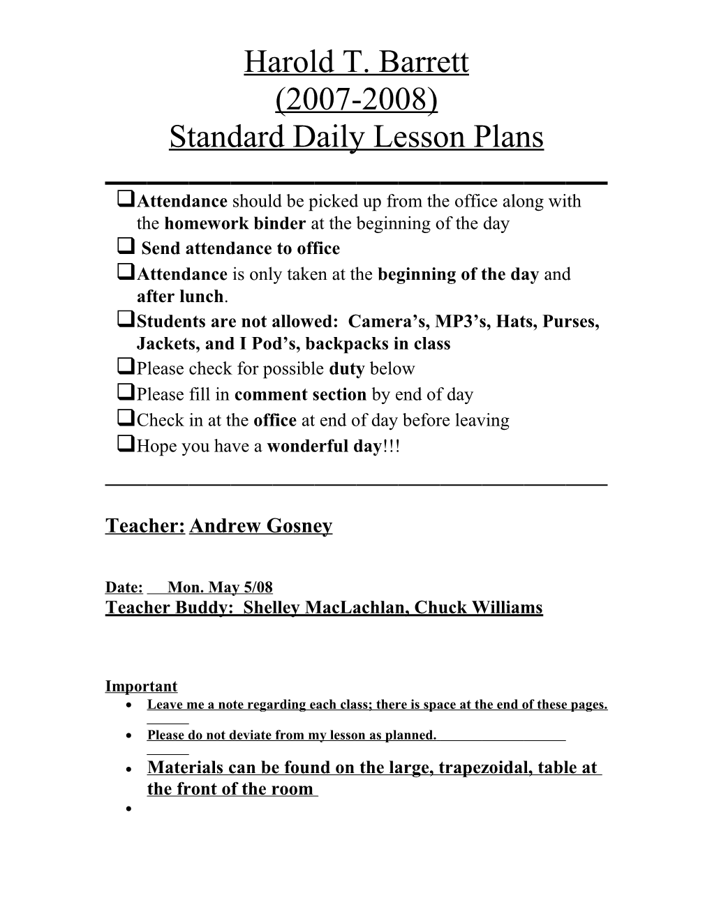 Standard Daily Lesson Plans