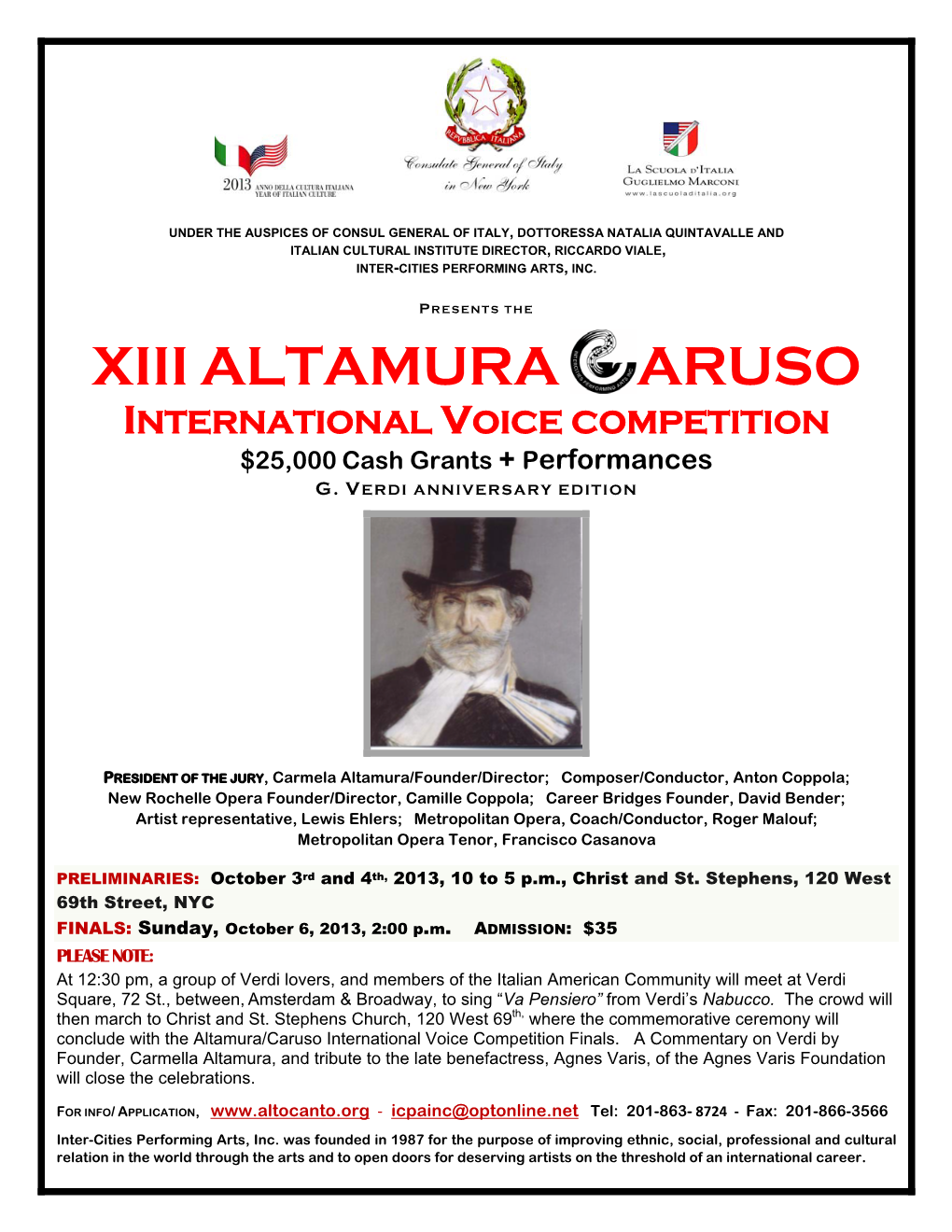 XIII ALTAMURA ARUSO INTERNATIONAL VOICE COMPETITION $25,000 Cash Grants + Performances