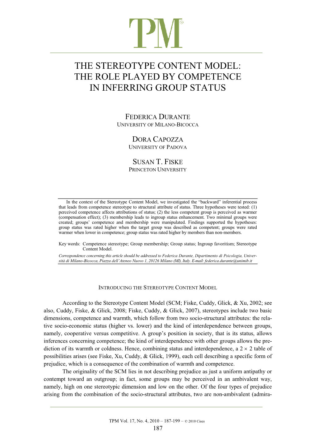 The Stereotype Content Model: the Role Played by Competence in Inferring Group Status