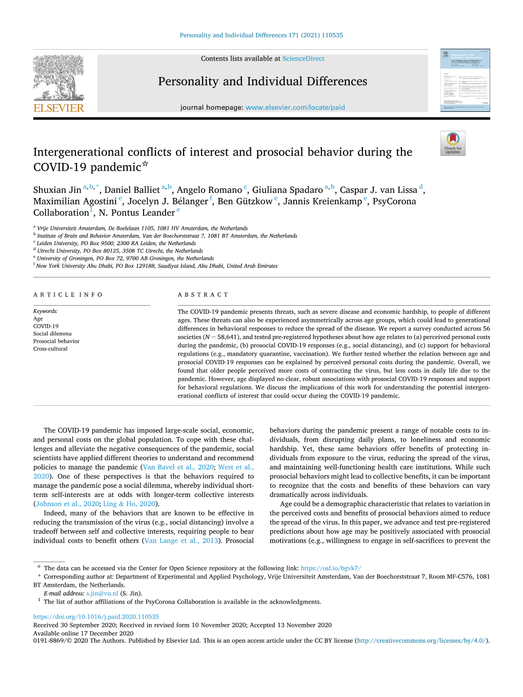 Intergenerational Conflicts of Interest and Prosocial Behavior During the COVID-19 Pandemic